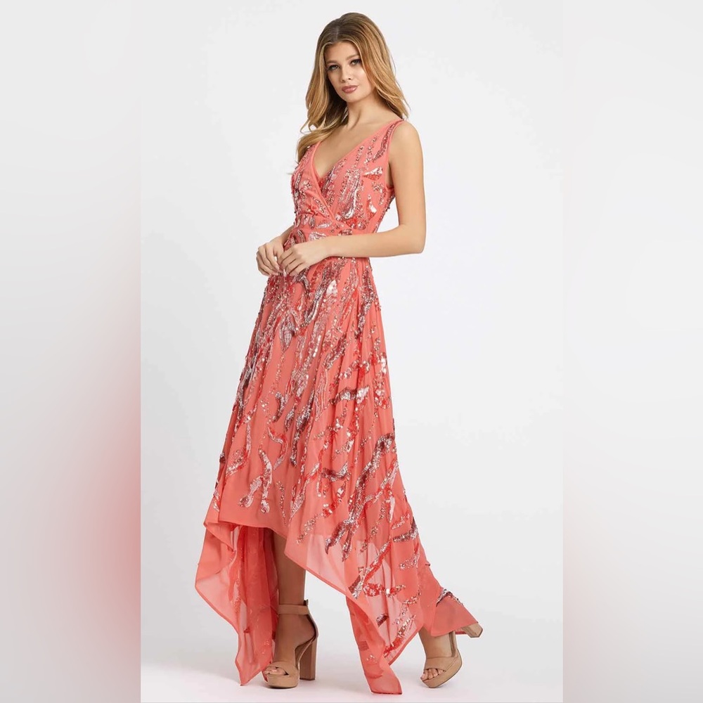 Mac Duggal evening cocktail dress. Coral with iridescent sequins. Worn once